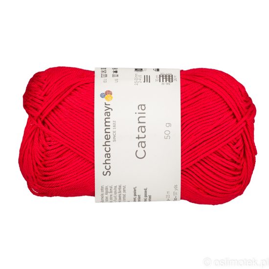 Schachenmayr Catania 00115 to bawełniana włóczka w kolorze czerwonym. Pięknie skręcona, z połyskiem. 50g/125m.