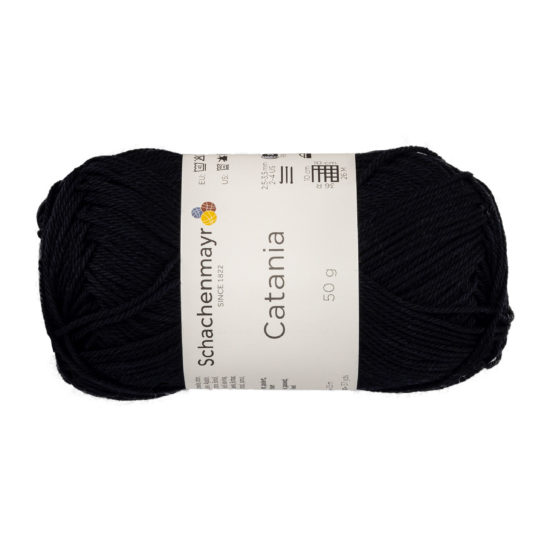 Schachenmayr Catania 00110 to bawełniana włóczka w kolorze czarnym. Pięknie skręcona, z połyskiem. 50g/125m.