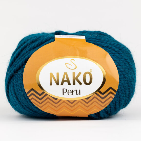 Nako Peru 10328 to cudna mieszanka premium akrylu, wełny i alpaki w kolorze morskim. 100g/130m. Doskonała na czapki, szale i swetry.