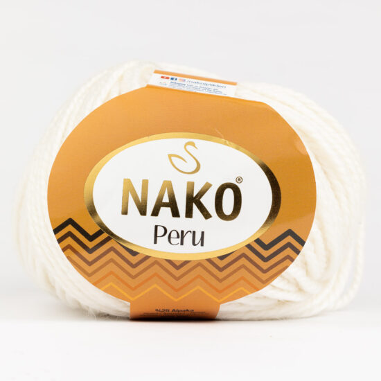 Nako Peru 208 to cudna mieszanka premium akrylu, wełny i alpaki w kolorze białym. 100g/130m. Doskonała na czapki, szale i swetry.